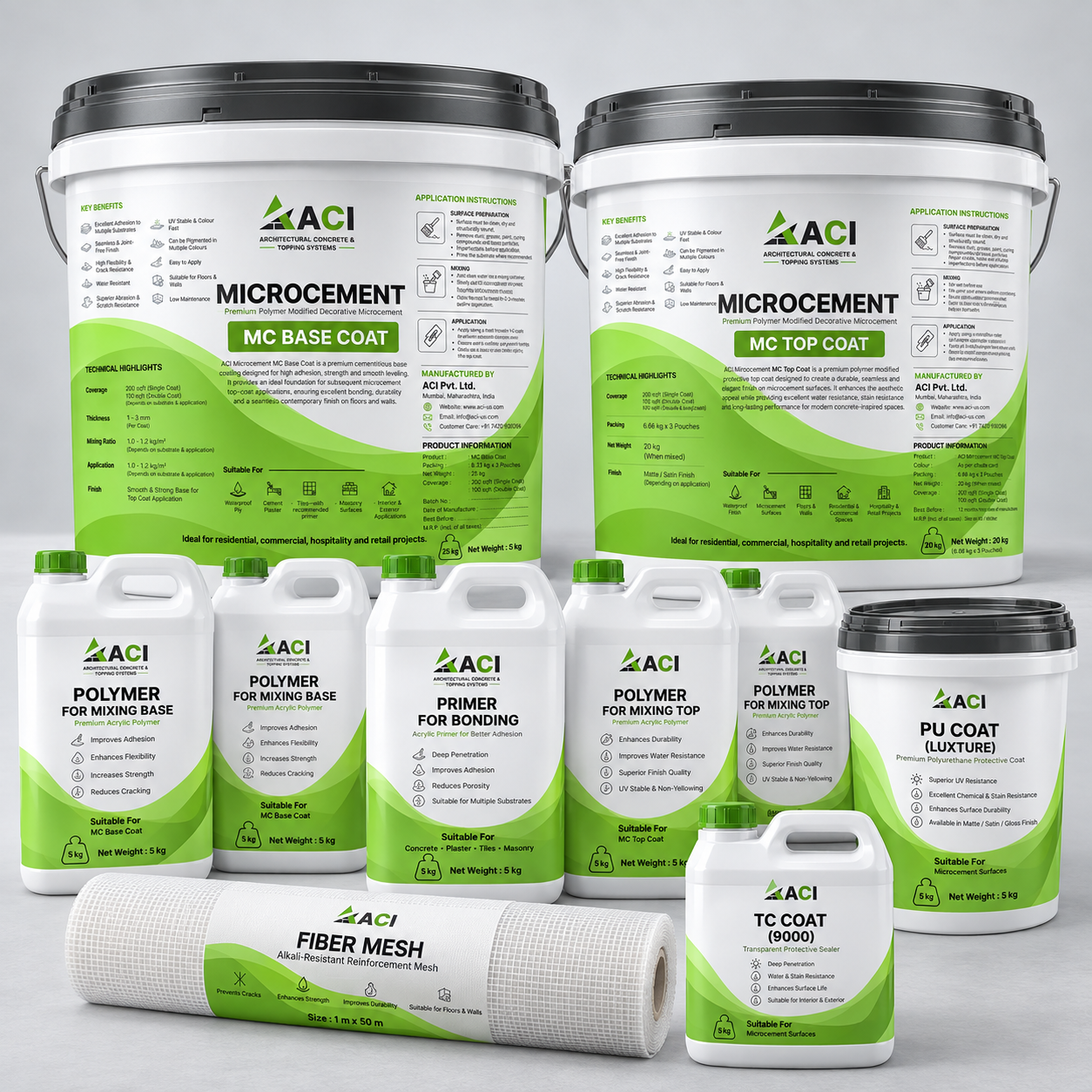 ACI Microcement Kit: complete material kit with base coat, top coat, polymers, primer, fiber mesh and sealers
